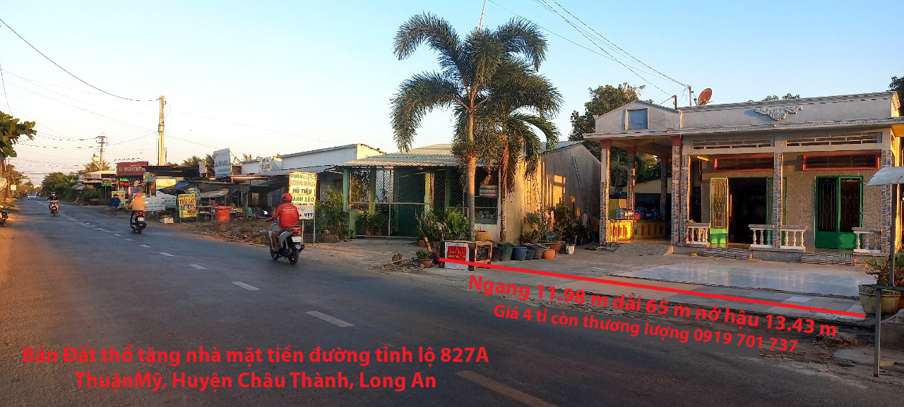 BÁN GẤP ĐẤT THỔ TẶNG NHÀ MẶT TIỀN ĐƯỜNG TỈNH LỘ 827A NHỰA TRÊN 10M. THUẬN MỸ, CH